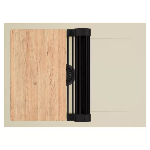 HD Onyx Beige 68-XL egymedencés gránit mosogatótálca szett, csepegtetőtálcával, vágódeszkával, matt fekete csepegtetőráccsal, soft bézs színben, matt fekete leeresztő szifonnal