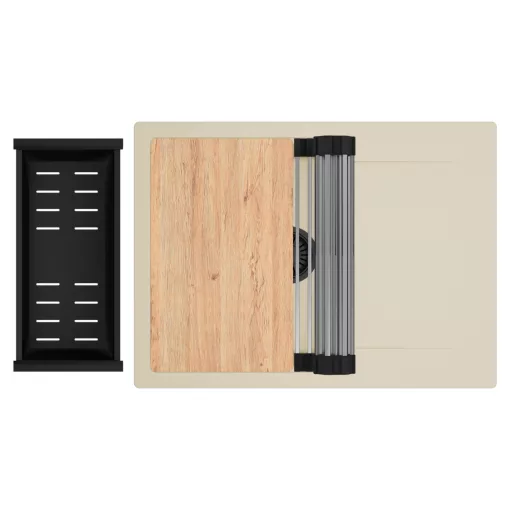 HD Onyx Beige 68-XL egymedencés gránit mosogatótálca szett, csepegtetőtálcával, vágódeszkával, acél csepegtetőráccsal és matt fekete kosárral, soft bézs színben, matt fekete leeresztő szifonnal