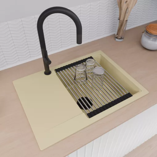 HD Onyx Beige 68-XL egymedencés gránit mosogatótálca szett, csepegtetőtálcával, vágódeszkával, acél csepegtetőráccsal és matt fekete kosárral, soft bézs színben, matt fekete leeresztő szifonnal