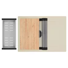 HD Onyx Beige 68-XL egymedencés gránit mosogatótálca szett, csepegtetőtálcával, vágódeszkával, acél csepegtetőráccsal és kosárral, soft bézs színben, matt fekete leeresztő szifonnal