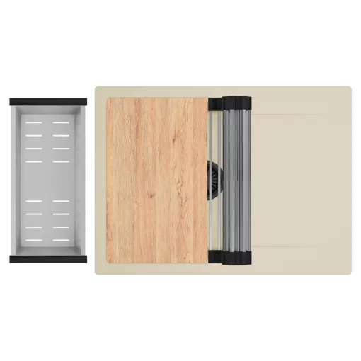 HD Onyx Beige 68-XL egymedencés gránit mosogatótálca szett, csepegtetőtálcával, vágódeszkával, acél csepegtetőráccsal és kosárral, soft bézs színben, matt fekete leeresztő szifonnal