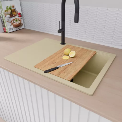 HD Onyx Beige 68-XL egymedencés gránit mosogatótálca szett, csepegtetőtálcával, vágódeszkával, acél csepegtetőráccsal és kosárral, soft bézs színben, matt fekete leeresztő szifonnal