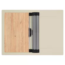 HD Onyx Beige 68-XL egymedencés gránit mosogatótálca szett, csepegtetőtálcával, vágódeszkával, acél csepegtetőráccsal, soft bézs színben, matt fekete leeresztő szifonnal