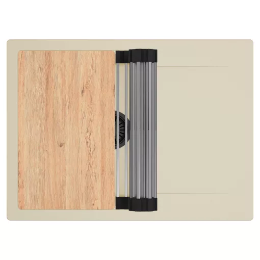 HD Onyx Beige 68-XL egymedencés gránit mosogatótálca szett, csepegtetőtálcával, vágódeszkával, acél csepegtetőráccsal, soft bézs színben, matt fekete leeresztő szifonnal