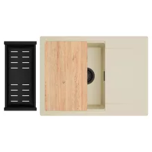 HD Onyx Beige 68-XL egymedencés gránit mosogatótálca szett, csepegtetőtálcával, vágódeszkával, matt fekete csepegtetőkosárral, soft bézs színben, matt fekete leeresztő szifonnal