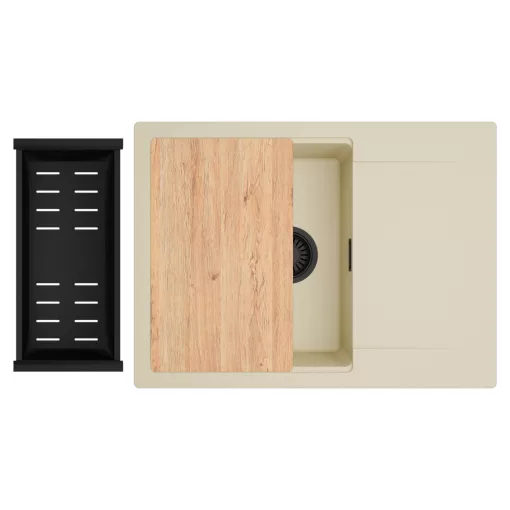 HD Onyx Beige 68-XL egymedencés gránit mosogatótálca szett, csepegtetőtálcával, vágódeszkával, matt fekete csepegtetőkosárral, soft bézs színben, matt fekete leeresztő szifonnal