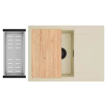 HD Onyx Beige 68-XL egymedencés gránit mosogatótálca szett, csepegtetőtálcával, vágódeszkával, acél csepegtetőkosárral, soft bézs színben, matt fekete leeresztő szifonnal