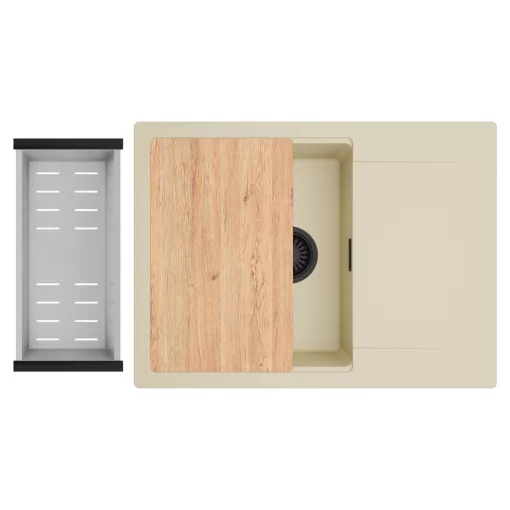 HD Onyx Beige 68-XL egymedencés gránit mosogatótálca szett, csepegtetőtálcával, vágódeszkával, acél csepegtetőkosárral, soft bézs színben, matt fekete leeresztő szifonnal