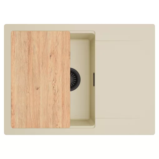 HD Onyx Beige 68-XL egymedencés gránit mosogatótálca, vágódeszkával, soft bézs színben, matt fekete leeresztő szifonnal