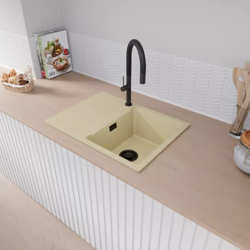 HD Onyx Beige 68-XL egymedencés gránit mosogatótálca, vágódeszkával, soft bézs színben, matt fekete leeresztő szifonnal