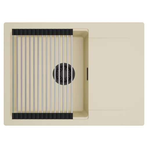 HD Onyx Beige 68-XL egymedencés mosogatótálca szett, acél csepegtetőráccsal, csepegtetőtálcával, soft bézs színben, matt fekete leeresztő szifonnal