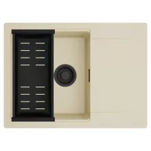 HD Onyx Beige 68-XL egymedencés mosogatótálca szett, matt fekete csepegtetőkosárral, csepegtetőtálcával, soft bézs színben, matt fekete leeresztő szifonnal