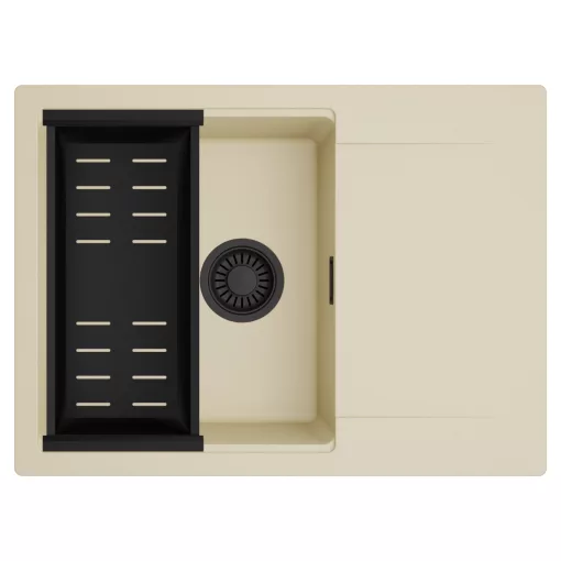 HD Onyx Beige 68-XL egymedencés mosogatótálca szett, matt fekete csepegtetőkosárral, csepegtetőtálcával, soft bézs színben, matt fekete leeresztő szifonnal