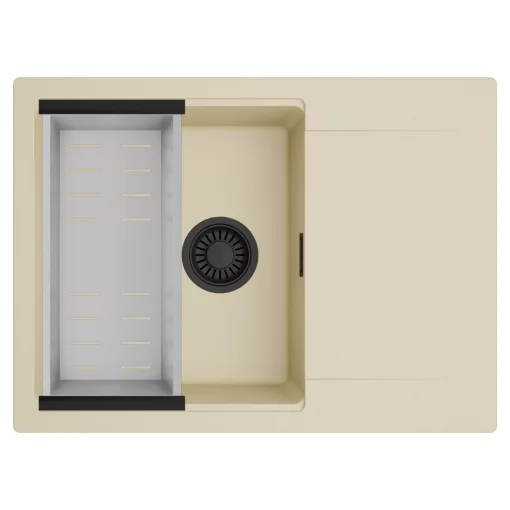 HD Onyx Beige 68-XL egymedencés mosogatótálca szett, acél csepegtetőkosárral, csepegtetőtálcával, soft bézs színben, matt fekete leeresztő szifonnal