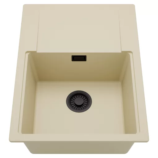 HD Onyx Beige 68-XL egymedencés mosogatótálca, csepegtetőtálcával, soft bézs színben, matt fekete leeresztő szifonnal