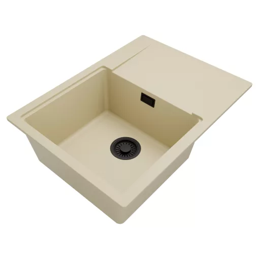 HD Onyx Beige 68-XL egymedencés mosogatótálca, csepegtetőtálcával, soft bézs színben, matt fekete leeresztő szifonnal