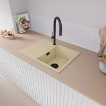 HD Onyx Beige 68-XL egymedencés mosogatótálca, csepegtetőtálcával, soft bézs színben, matt fekete leeresztő szifonnal