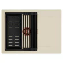 HD Onyx Beige 68-XL egymedencés mosogatótálca szett, matt fekete csepegtetőráccsal és kosárral, csepegtetőtálcával, soft bézs színben, szálcsiszolt réz leeresztő szifonnal