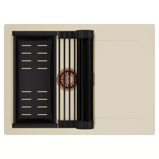 HD Onyx Beige 68-XL egymedencés mosogatótálca szett, matt fekete csepegtetőráccsal és kosárral, csepegtetőtálcával, soft bézs színben, szálcsiszolt réz leeresztő szifonnal