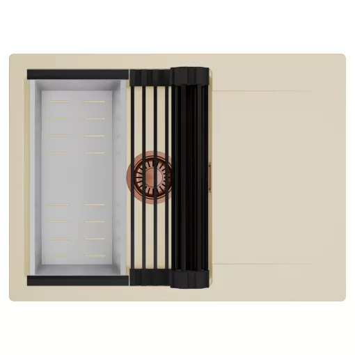 HD Onyx Beige 68-XL egymedencés mosogatótálca szett, matt fekete csepegtetőráccsal és krómozott kosárral, csepegtetőtálcával, soft bézs színben, szálcsiszolt réz leeresztő szifonnal