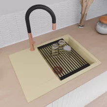 HD Onyx Beige 68-XL egymedencés mosogatótálca szett, matt fekete csepegtetőráccsal és krómozott kosárral, csepegtetőtálcával, soft bézs színben, szálcsiszolt réz leeresztő szifonnal