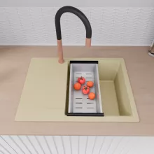 HD Onyx Beige 68-XL egymedencés mosogatótálca szett, matt fekete csepegtetőráccsal és krómozott kosárral, csepegtetőtálcával, soft bézs színben, szálcsiszolt réz leeresztő szifonnal