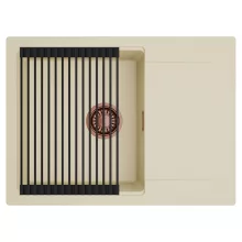 HD Onyx Beige 68-XL egymedencés mosogatótálca szett, matt fekete csepegtetőráccsal, csepegtetőtálcával, soft bézs színben, szálcsiszolt réz leeresztő szifonnal