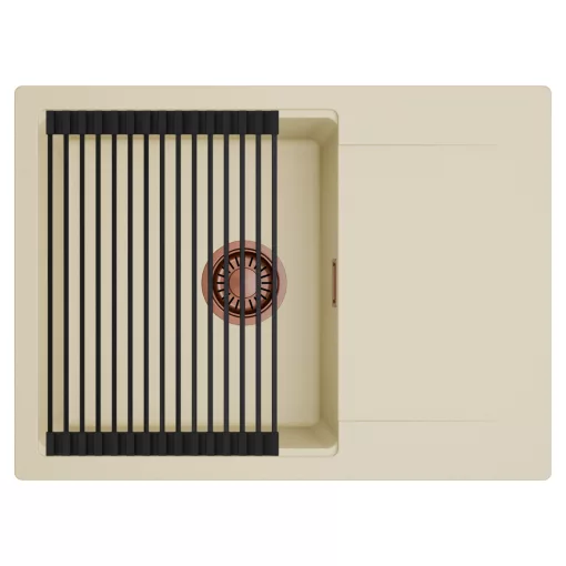 HD Onyx Beige 68-XL egymedencés mosogatótálca szett, matt fekete csepegtetőráccsal, csepegtetőtálcával, soft bézs színben, szálcsiszolt réz leeresztő szifonnal