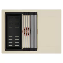 HD Onyx Beige 68-XL egymedencés mosogatótálca szett, acél csepegtetőráccsal és matt fekete kosárral, csepegtetőtálcával, soft bézs színben, szálcsiszolt réz leeresztő szifonnal