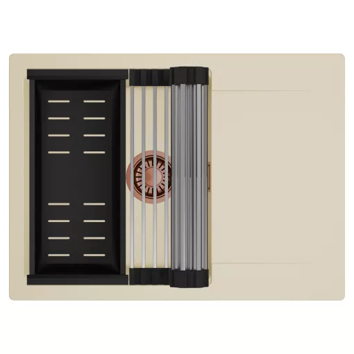 HD Onyx Beige 68-XL egymedencés mosogatótálca szett, acél csepegtetőráccsal és matt fekete kosárral, csepegtetőtálcával, soft bézs színben, szálcsiszolt réz leeresztő szifonnal