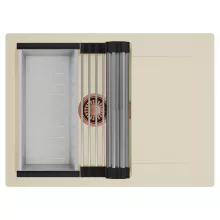 HD Onyx Beige 68-XL egymedencés mosogatótálca szett, acél csepegtetőráccsal és kosárral, csepegtetőtálcával, soft bézs színben, szálcsiszolt réz leeresztő szifonnal