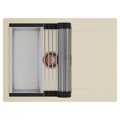 HD Onyx Beige 68-XL egymedencés mosogatótálca szett, acél csepegtetőráccsal és kosárral, csepegtetőtálcával, soft bézs színben, szálcsiszolt réz leeresztő szifonnal