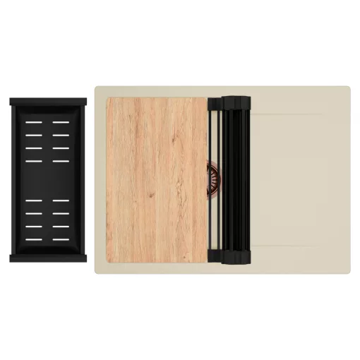 HD Onyx Beige 68-XL egymedencés gránit mosogatótálca szett, csepegtetőtálcával, vágódeszkával, matt fekete csepegtetőráccsal és kosárral, soft bézs színben, szálcsiszolt réz leeresztő szifonnal