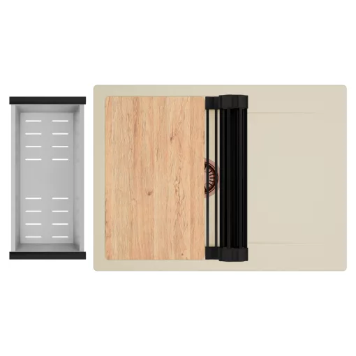 HD Onyx Beige 68-XL egymedencés gránit mosogatótálca szett, csepegtetőtálcával, vágódeszkával, matt fekete csepegtetőráccsal és krómozott kosárral, soft bézs színben, szálcsiszolt réz leeresztő szifonnal