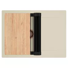 HD Onyx Beige 68-XL egymedencés gránit mosogatótálca szett, csepegtetőtálcával, vágódeszkával, matt fekete csepegtetőráccsal, soft bézs színben, szálcsiszolt réz leeresztő szifonnal