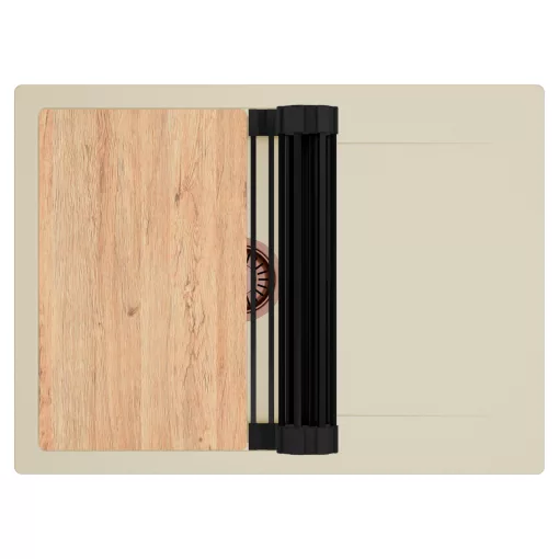 HD Onyx Beige 68-XL egymedencés gránit mosogatótálca szett, csepegtetőtálcával, vágódeszkával, matt fekete csepegtetőráccsal, soft bézs színben, szálcsiszolt réz leeresztő szifonnal