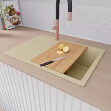 HD Onyx Beige 68-XL egymedencés gránit mosogatótálca szett, csepegtetőtálcával, vágódeszkával, matt fekete csepegtetőráccsal, soft bézs színben, szálcsiszolt réz leeresztő szifonnal