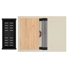 HD Onyx Beige 68-XL egymedencés gránit mosogatótálca szett, csepegtetőtálcával, vágódeszkával, acél csepegtetőráccsal és matt fekete kosárral, soft bézs színben, szálcsiszolt réz leeresztő szifonnal