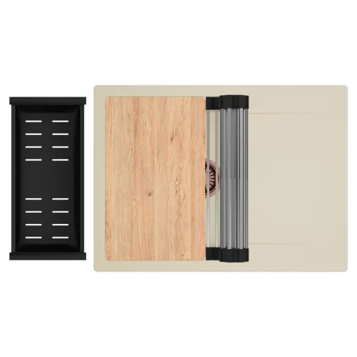 HD Onyx Beige 68-XL egymedencés gránit mosogatótálca szett, csepegtetőtálcával, vágódeszkával, acél csepegtetőráccsal és matt fekete kosárral, soft bézs színben, szálcsiszolt réz leeresztő szifonnal