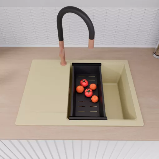 HD Onyx Beige 68-XL egymedencés gránit mosogatótálca szett, csepegtetőtálcával, vágódeszkával, acél csepegtetőráccsal és matt fekete kosárral, soft bézs színben, szálcsiszolt réz leeresztő szifonnal