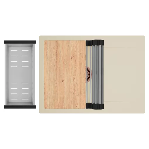 HD Onyx Beige 68-XL egymedencés gránit mosogatótálca szett, csepegtetőtálcával, vágódeszkával, acél csepegtetőráccsal és kosárral, soft bézs színben, szálcsiszolt réz leeresztő szifonnal