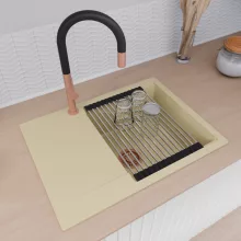 HD Onyx Beige 68-XL egymedencés gránit mosogatótálca szett, csepegtetőtálcával, vágódeszkával, acél csepegtetőráccsal és kosárral, soft bézs színben, szálcsiszolt réz leeresztő szifonnal