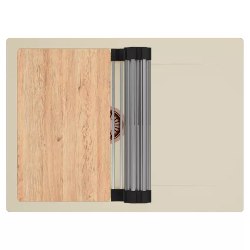 HD Onyx Beige 68-XL egymedencés gránit mosogatótálca szett, csepegtetőtálcával, vágódeszkával, acél csepegtetőráccsal, soft bézs színben, szálcsiszolt réz leeresztő szifonnal