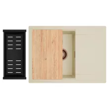 HD Onyx Beige 68-XL egymedencés gránit mosogatótálca szett, csepegtetőtálcával, vágódeszkával, matt fekete csepegtetőkosárral, soft bézs színben, szálcsiszolt réz leeresztő szifonnal