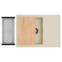 HD Onyx Beige 68-XL egymedencés gránit mosogatótálca szett, csepegtetőtálcával, vágódeszkával, acél csepegtetőkosárral, soft bézs színben, szálcsiszolt réz leeresztő szifonnal