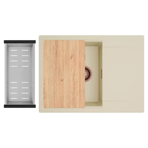 HD Onyx Beige 68-XL egymedencés gránit mosogatótálca szett, csepegtetőtálcával, vágódeszkával, acél csepegtetőkosárral, soft bézs színben, szálcsiszolt réz leeresztő szifonnal