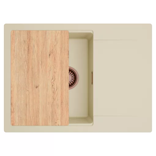 HD Onyx Beige 68-XL egymedencés gránit mosogatótálca, vágódeszkával, soft bézs színben, szálcsiszolt réz leeresztő szifonnal