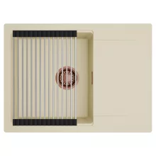 HD Onyx Beige 68-XL egymedencés mosogatótálca szett, acél csepegtetőráccsal, csepegtetőtálcával, soft bézs színben, szálcsiszolt réz leeresztő szifonnal