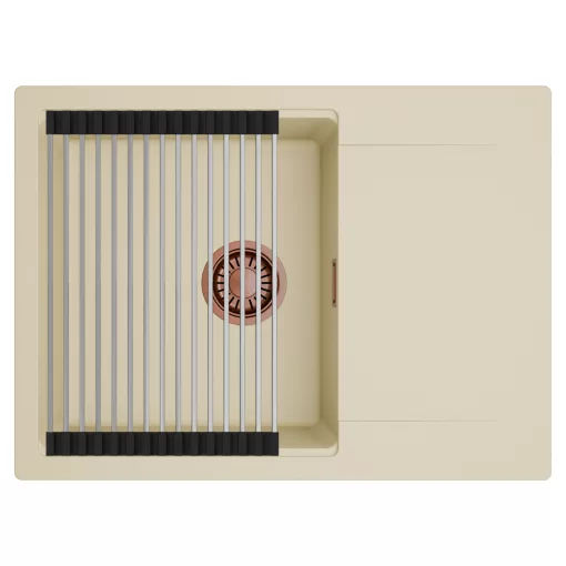 HD Onyx Beige 68-XL egymedencés mosogatótálca szett, acél csepegtetőráccsal, csepegtetőtálcával, soft bézs színben, szálcsiszolt réz leeresztő szifonnal