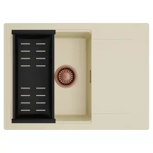 HD Onyx Beige 68-XL egymedencés mosogatótálca szett, matt fekete csepegtetőkosárral, csepegtetőtálcával, soft bézs színben, szálcsiszolt réz leeresztő szifonnal